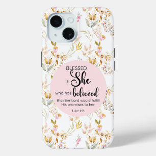 Luke 1:45 Blessed is She Watercolor Pink Floral iPhone 15 Case