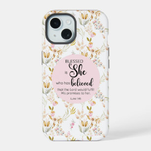 Luke 1:45 Blessed is She Watercolor Pink Floral iPhone 15 Case