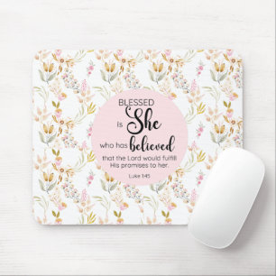 Luke 1:45 Blessed is She Watercolor Pink Floral Mouse Mat
