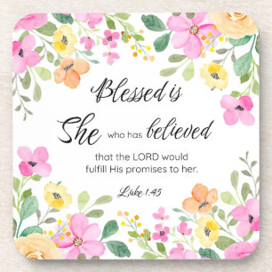 Luke 1:45 Blessed is She, Women's Scripture Floral Coaster