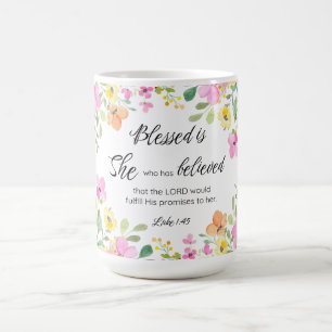 Luke 1:45 Blessed is She, Women's Scripture Floral Coffee Mug