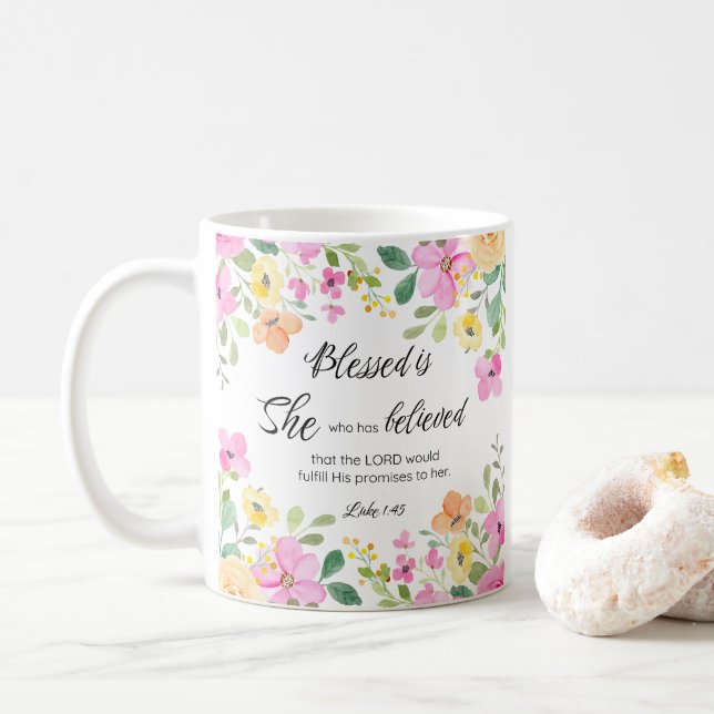 Luke 1:45 Blessed is She, Women's Scripture Floral Coffee Mug (With Donut)
