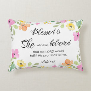 Luke 1:45 Blessed is She, Women's Scripture Floral Decorative Cushion