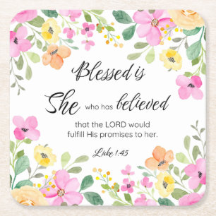 Luke 1:45 Blessed is She, Women's Scripture Floral Square Paper Coaster
