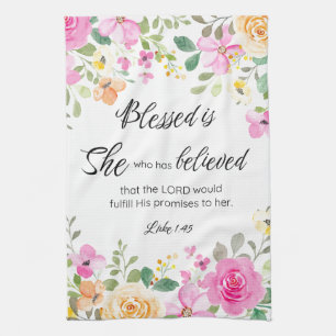 Luke 1:45 Blessed is She, Women's Scripture Floral Tea Towel