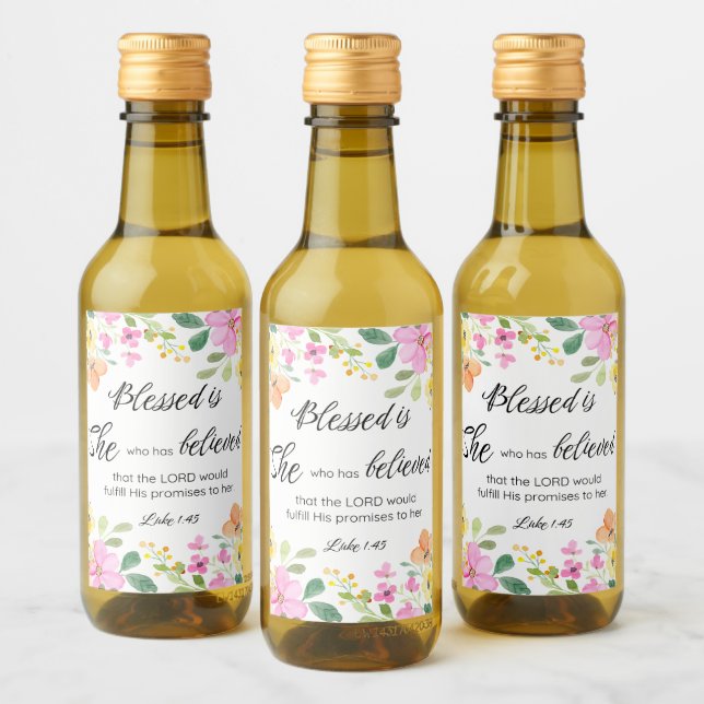 Luke 1:45 Blessed is She, Women's Scripture Floral Wine Label (Bottles)