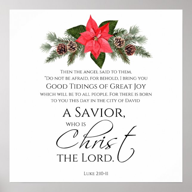 Luke 2:10-11 Good Tidings Poinsettia Christmas Poster (Front)