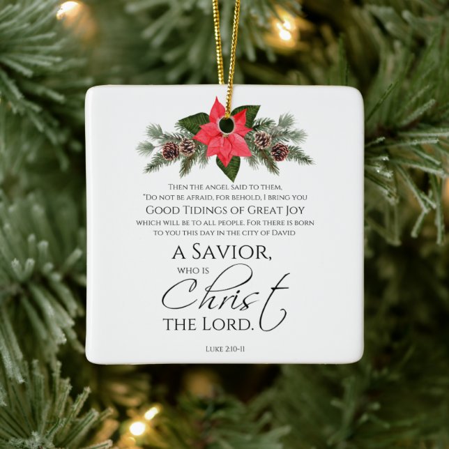 Luke 2:10-11 Poinsettia Christmas Scripture Ceramic Ornament (Tree)