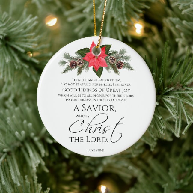 Luke 2:10-11 Poinsettia Christmas Scripture Ceramic Tree Decoration (Tree)