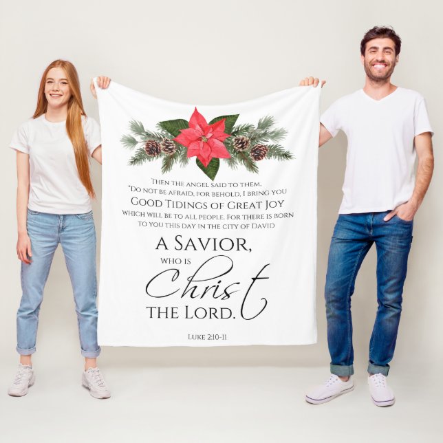 Luke 2:10-11 Poinsettia Christmas Scripture Fleece Blanket (In Situ)