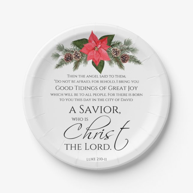 Luke 2:10-11 Poinsettia Christmas Scripture Paper Plate (Front)