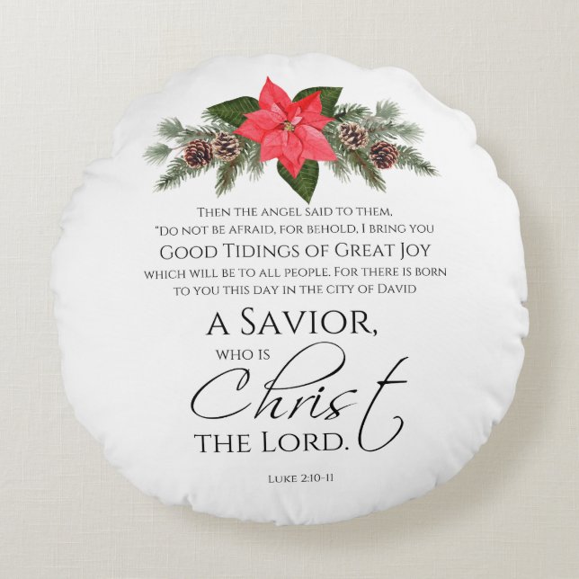 Luke 2:10-11 Poinsettia Christmas Scripture Round Cushion (Front)