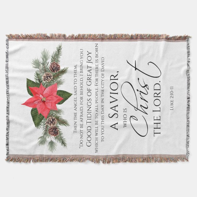 Luke 2:10-11 Poinsettia Christmas Scripture Throw Blanket (Front)