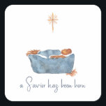 Luke 2:11 Minimalist Watercolor Nativity Christmas Square Sticker<br><div class="desc">I hand painted this modern minimalist watercolor manger with baby Jesus for you. The Christmas star and blue and yellow nativity scene is a simple and loose watercolor painting. The stylish modern script is editable. "a Saviour has been born" is taken from the scripture verse Luke 2:11. This religious Christmas...</div>