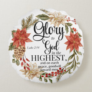 Luke 2:14 Glory to God Christmas Gold Floral Round Cushion