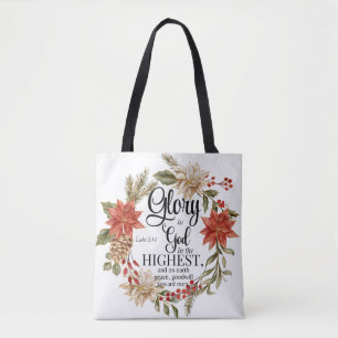 Luke 2:14 Glory to God Christmas Gold Floral Tote Bag