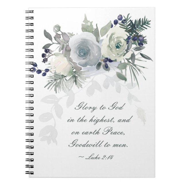 Luke 2:14 "Glory to God" White Rose Christmas Notebook (Front)