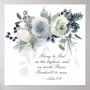 Luke 2:14 "Glory to God" White Rose Christmas Poster