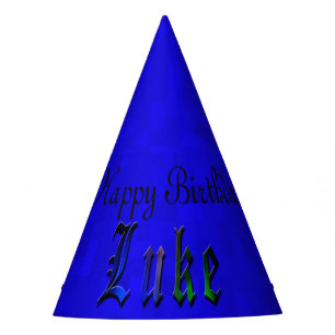 Luke, Happy Birthday Logo Blue Paper Hat. Party Hat