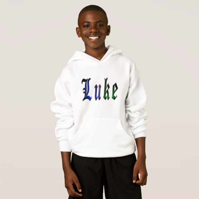 Luke, Name, Logo, Boys White Fleece Hoodie.. (Front Full)