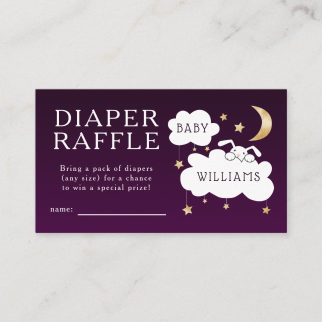 Lullaby Baby Shower Purple Diaper Raffle Ticket Enclosure Card (Front)
