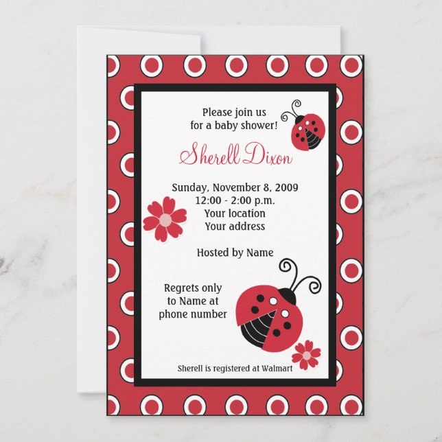 Lullabye Ladybug 5x7 Red Trendy Invitations (Front)
