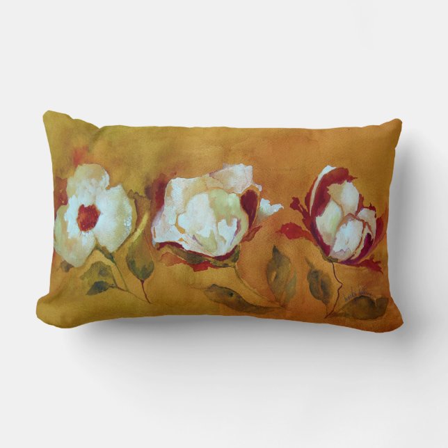 lumbar pillow with white flowers on amber backgrd (Front)