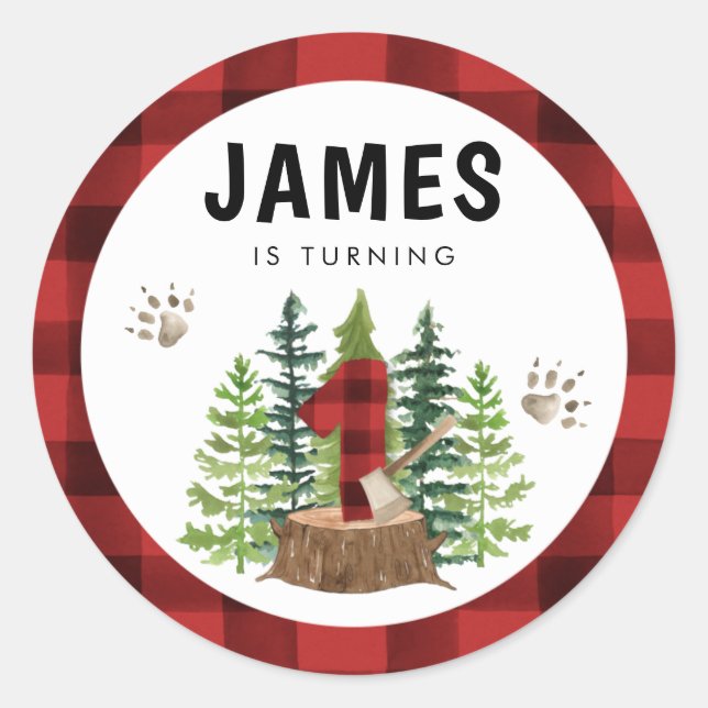 Lumberjack 1st Birthday Buffalo Plaid Classic Round Sticker (Front)