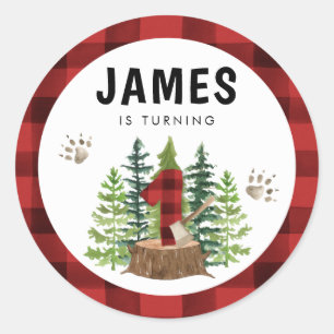 Lumberjack 1st Birthday Buffalo Plaid Classic Round Sticker