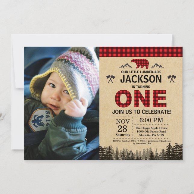 Lumberjack 1st Birthday Invitation Bear Woodland (Front)