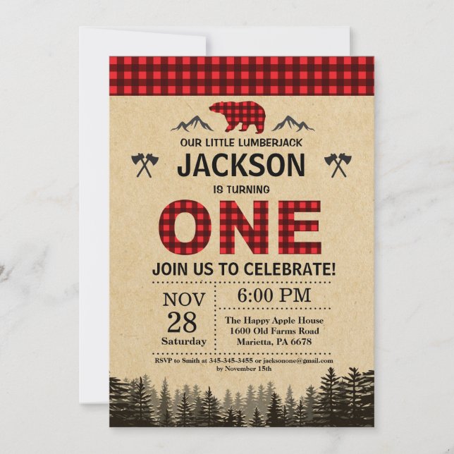 Lumberjack 1st Birthday Invitation Bear Woodland (Front)