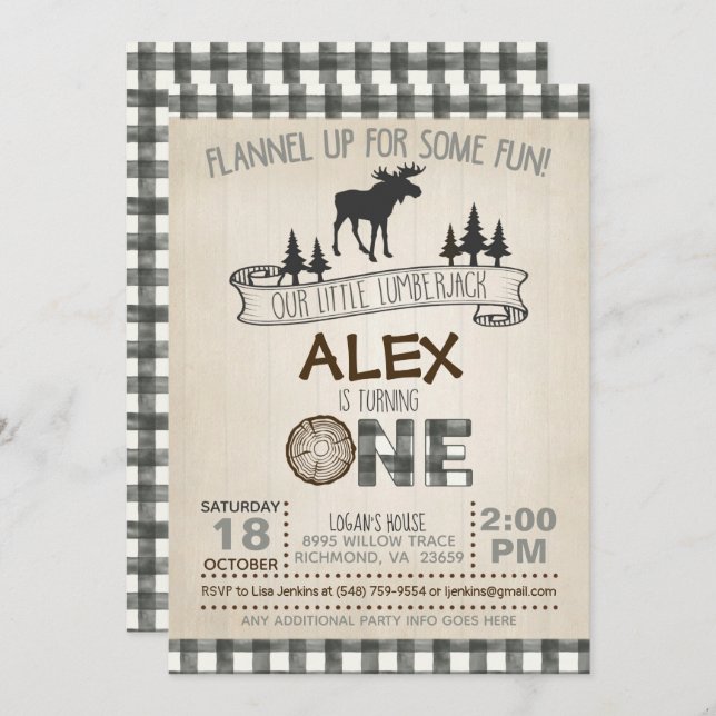 Lumberjack 1st Birthday Invitation - Moose - White (Front/Back)