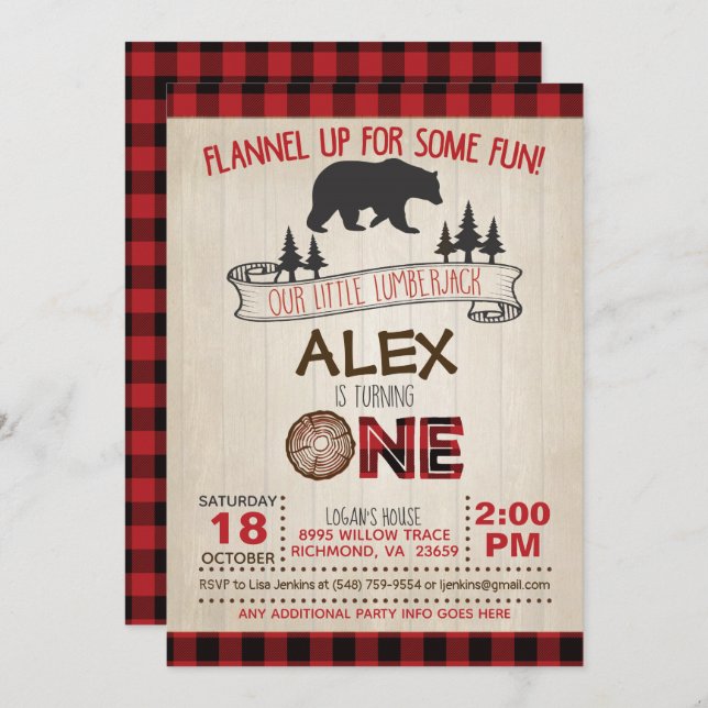Lumberjack 1st Birthday Invitation - Red/Bear (Front/Back)
