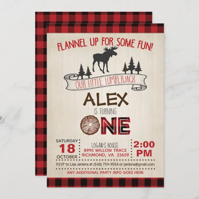 Lumberjack 1st Birthday Invitation - Red/Moose (Front/Back)