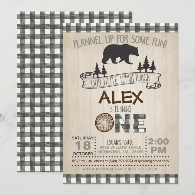 Lumberjack 1st Birthday Invitation - White/Bear (Front/Back)