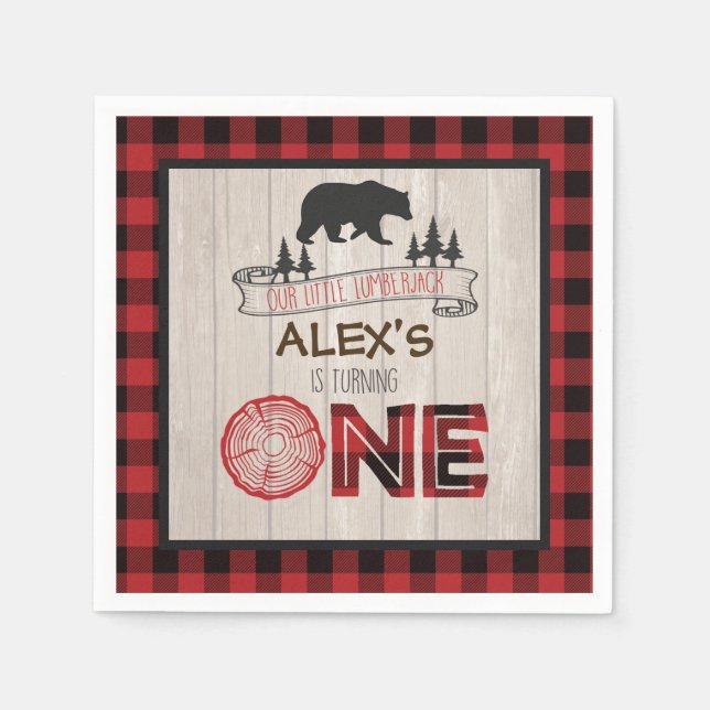 Lumberjack 1st Birthday Napkin - Bear RED (Front)