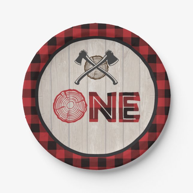Lumberjack 1st Birthday Paper Plate - Axes ONE Red (Front)