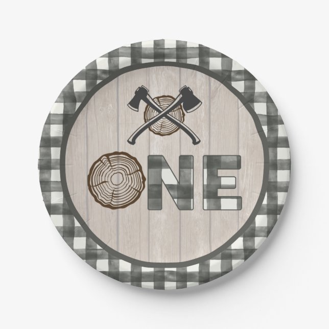 Lumberjack 1st Birthday Paper Plate - Axes ONE WH (Front)