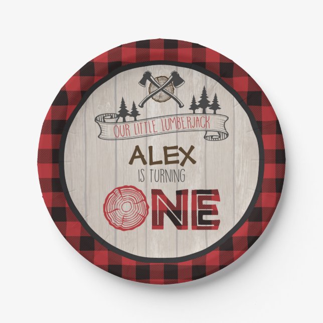Lumberjack 1st Birthday Paper Plate - Axes Red (Front)