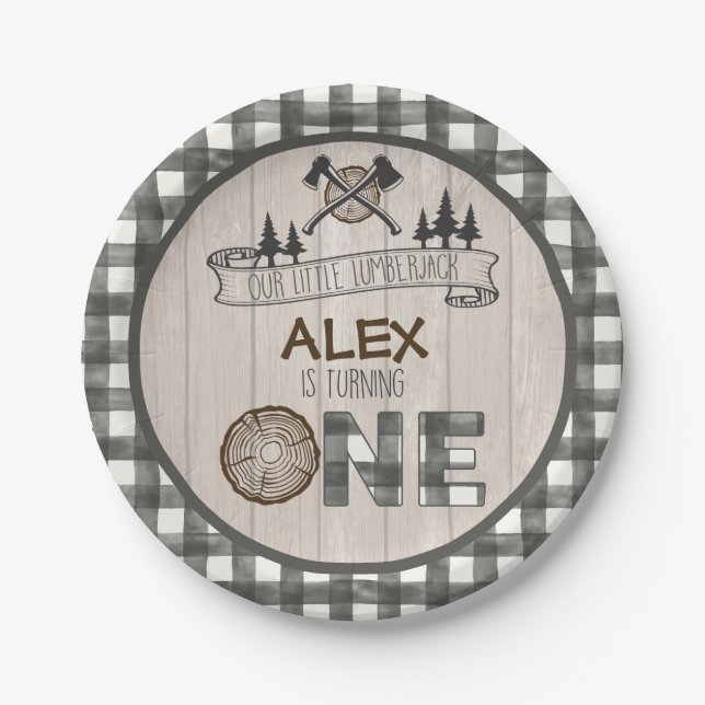 Lumberjack 1st Birthday Paper Plate - Axes White (Front)