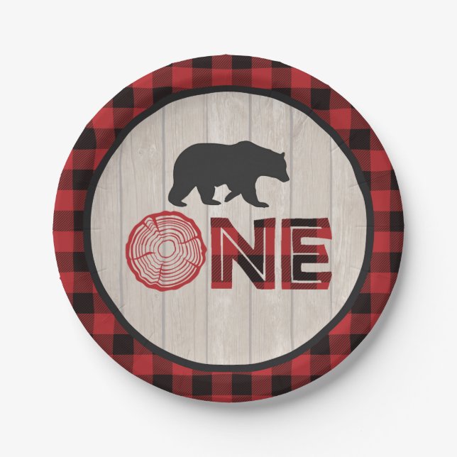 Lumberjack 1st Birthday Paper Plate - Bear ONE Red (Front)