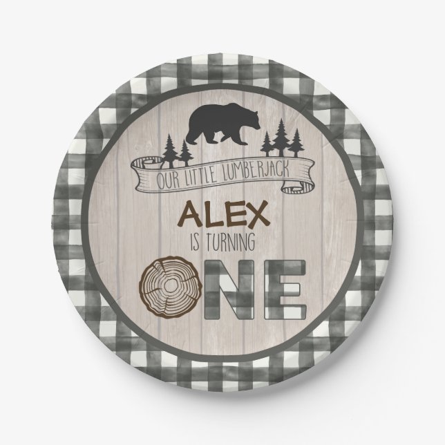 Lumberjack 1st Birthday Paper Plate - Bear White (Front)