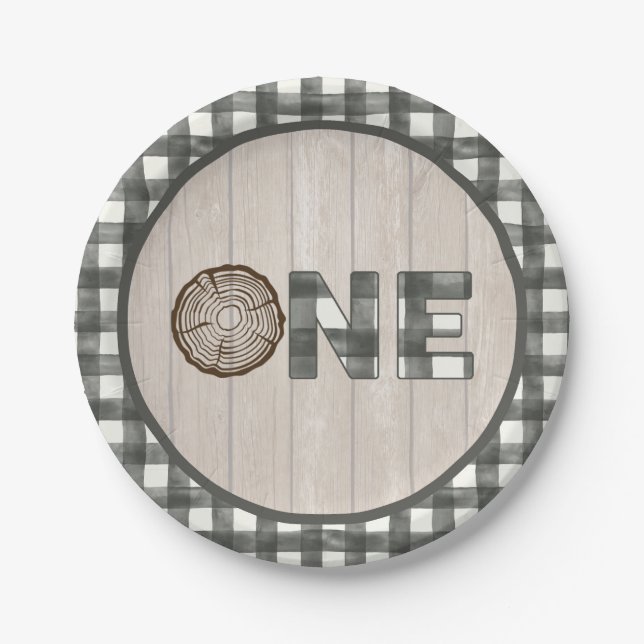 Lumberjack 1st Birthday Paper Plate - ONE White (Front)