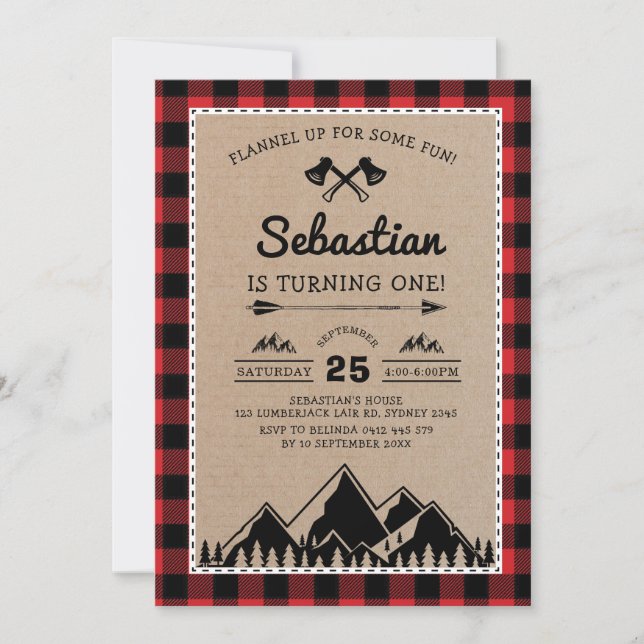 Lumberjack 1st Birthday Woodland Adventure Party Invitation (Front)