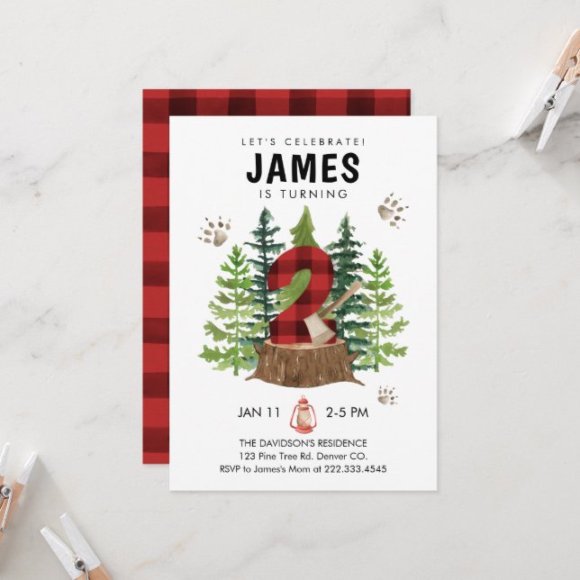 Lumberjack 2nd Birthday Buffalo Plaid Invitation (Front/Back In Situ)