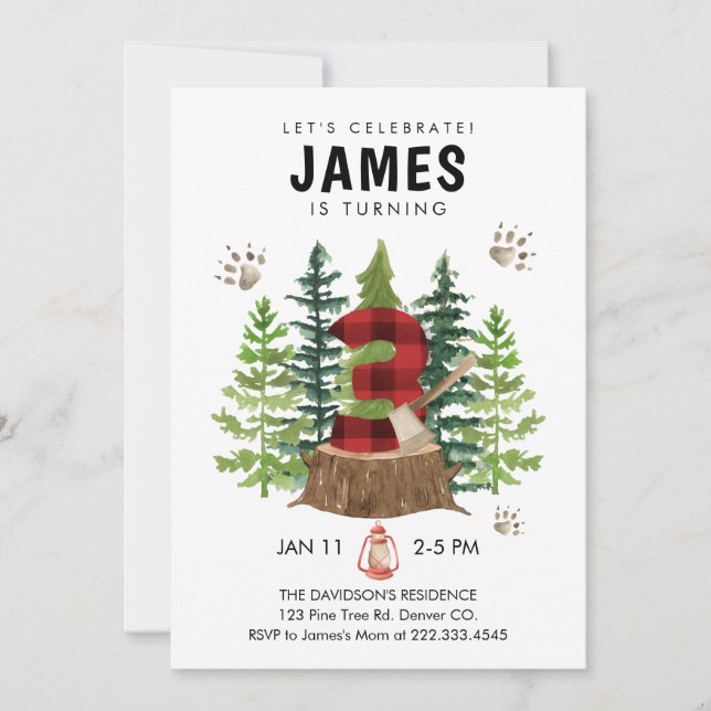 Lumberjack 3rd Birthday Buffalo Plaid Invitation (Front)