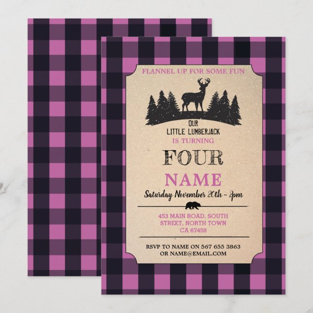 Lumberjack ANY AGE  Birthday Pink Flannel Invite (Front/Back)