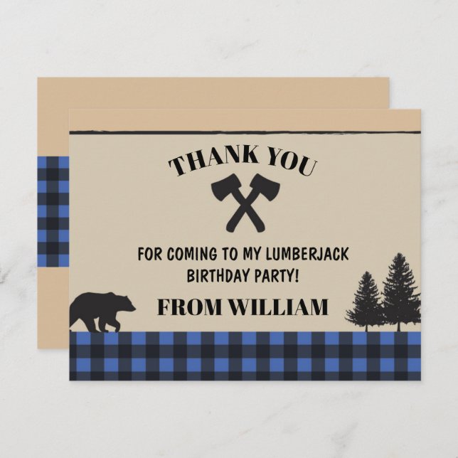 Lumberjack Axe Check Birthday Party Thank You Card (Front/Back)