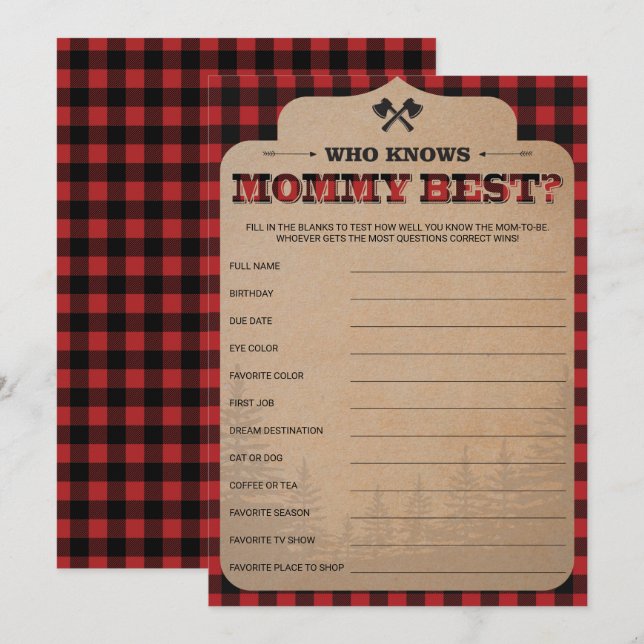 Lumberjack Baby Shower Game Who Knows Mummy Best (Front/Back)