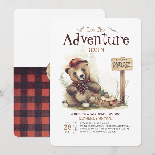 Lumberjack Baby Shower Woodland Little Bear Cub Invitation (Front/Back)